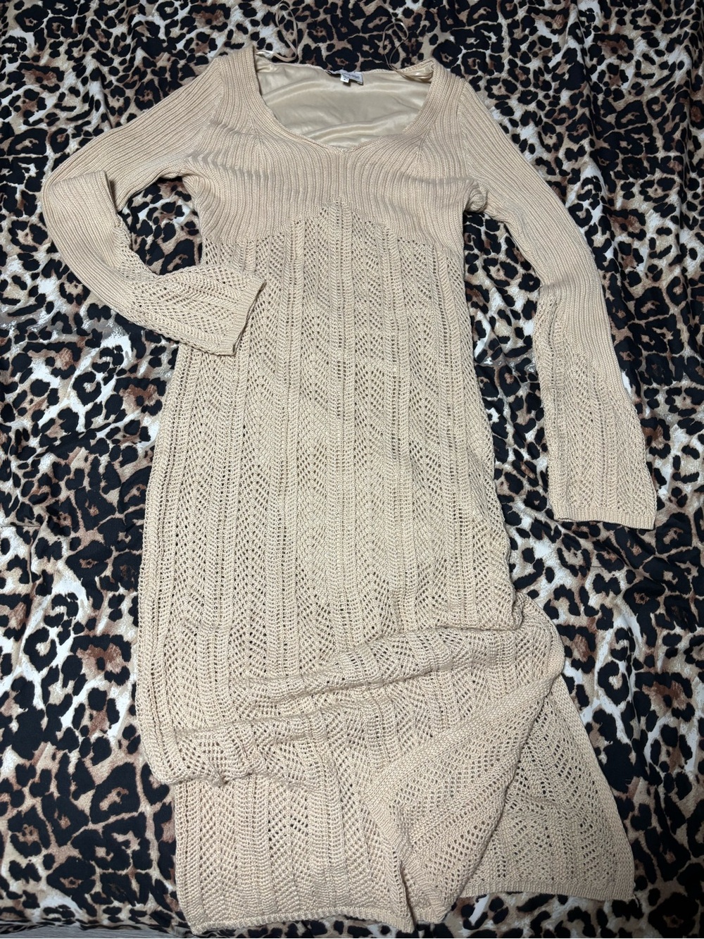 Beige Long Sleeve Knit Maxi Dress — Classic Scoop Neck